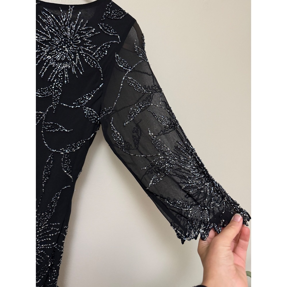 J Kara Black Beaded Floral Chiffon Gown 3/4 Sleeve Formal Evening Dress 8P NWT - Picture 7 of 13